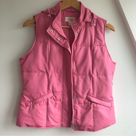 TALBOTS Goose Down Feather Puffer Vest Pink Hidden Hood Full Zip Snap Sz SP - Picture 13 of 16